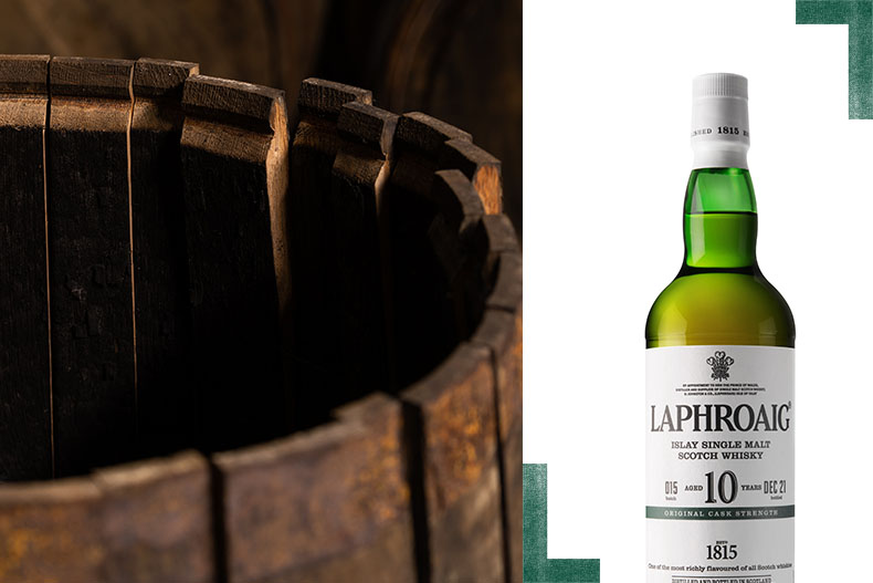 Laphroaig Islay single malt scotch whisky and a detailed view of a barrel