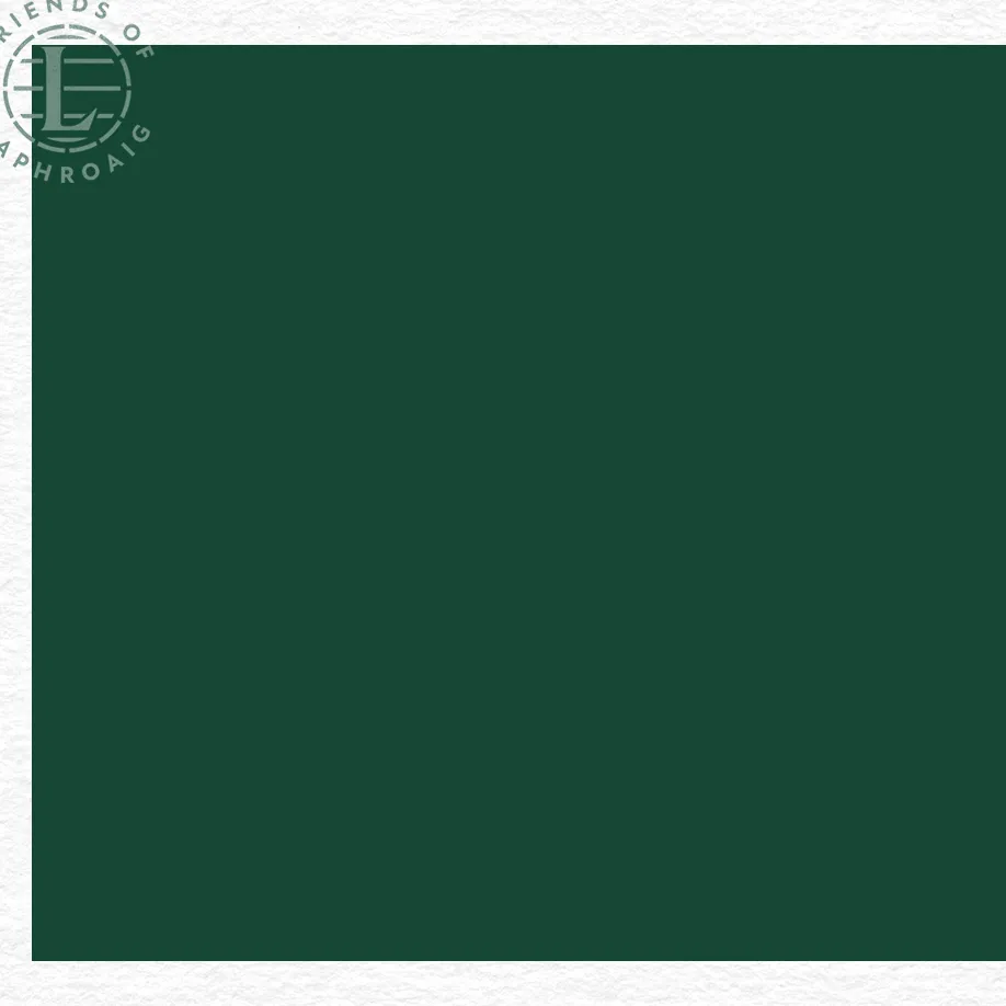 Green background with a Friends of Laphroaig stamp