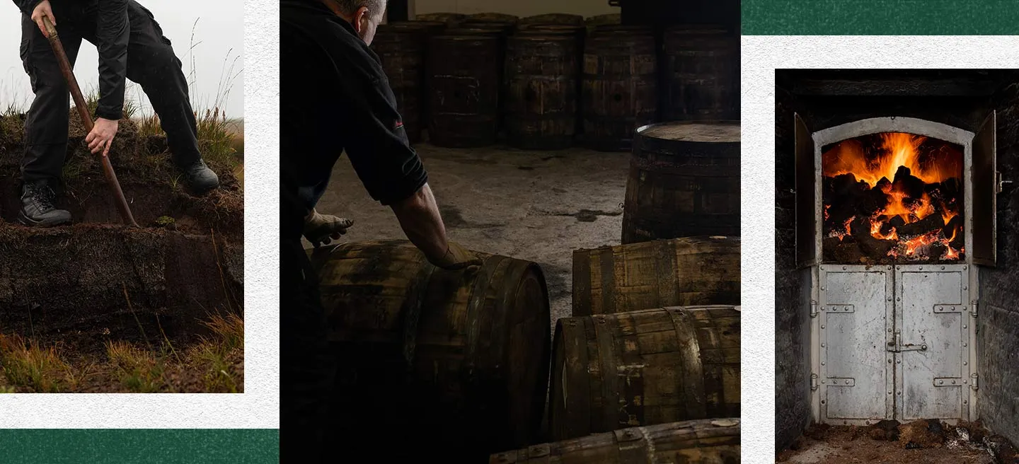 Collage of three pictures: a person digging in an Islay grain field, rolling a barrel and a burning oven