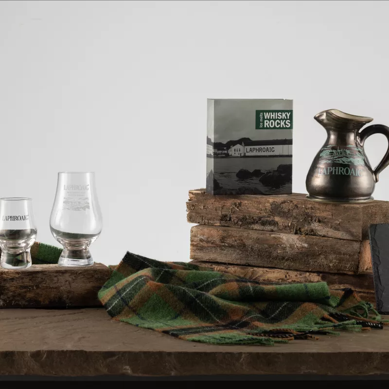 Image of Laphroaig whisky with Barware merchandise consisting of Jug and Glasses.
