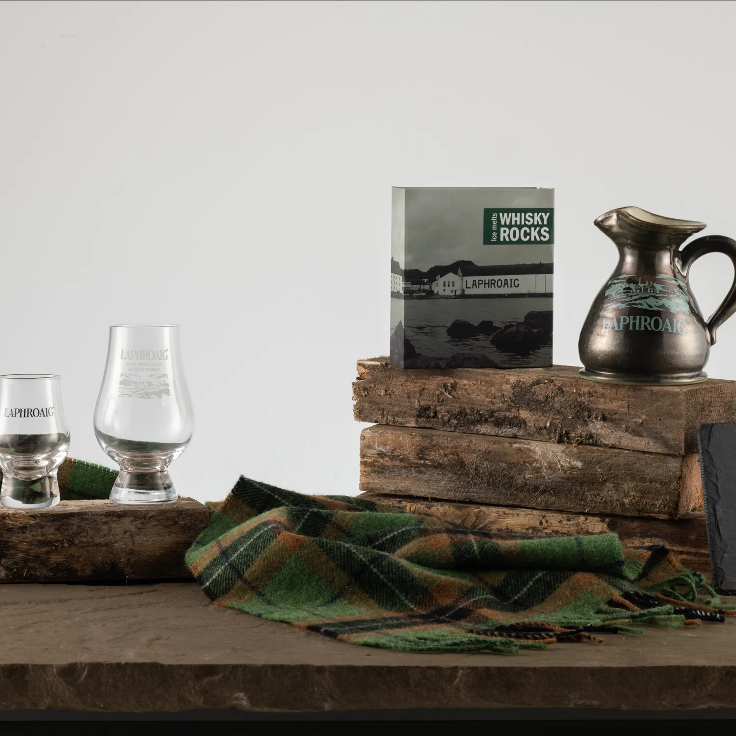 Image of Laphroaig whisky with Barware merchandise consisting of Jug and Glasses.