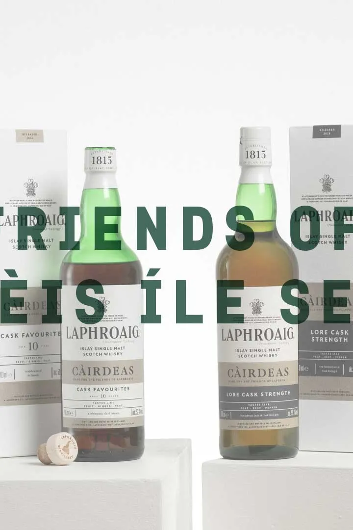 Friends of Fèis Ìle Set featuring two Laphroaig Càirdeas whiskies with their presentation boxes.