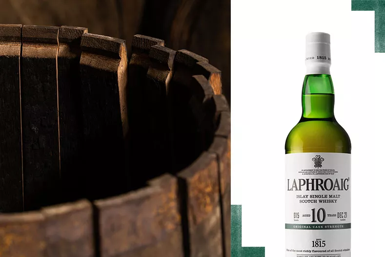 Laphroaig Islay single malt scotch whisky and a detailed view of a barrel