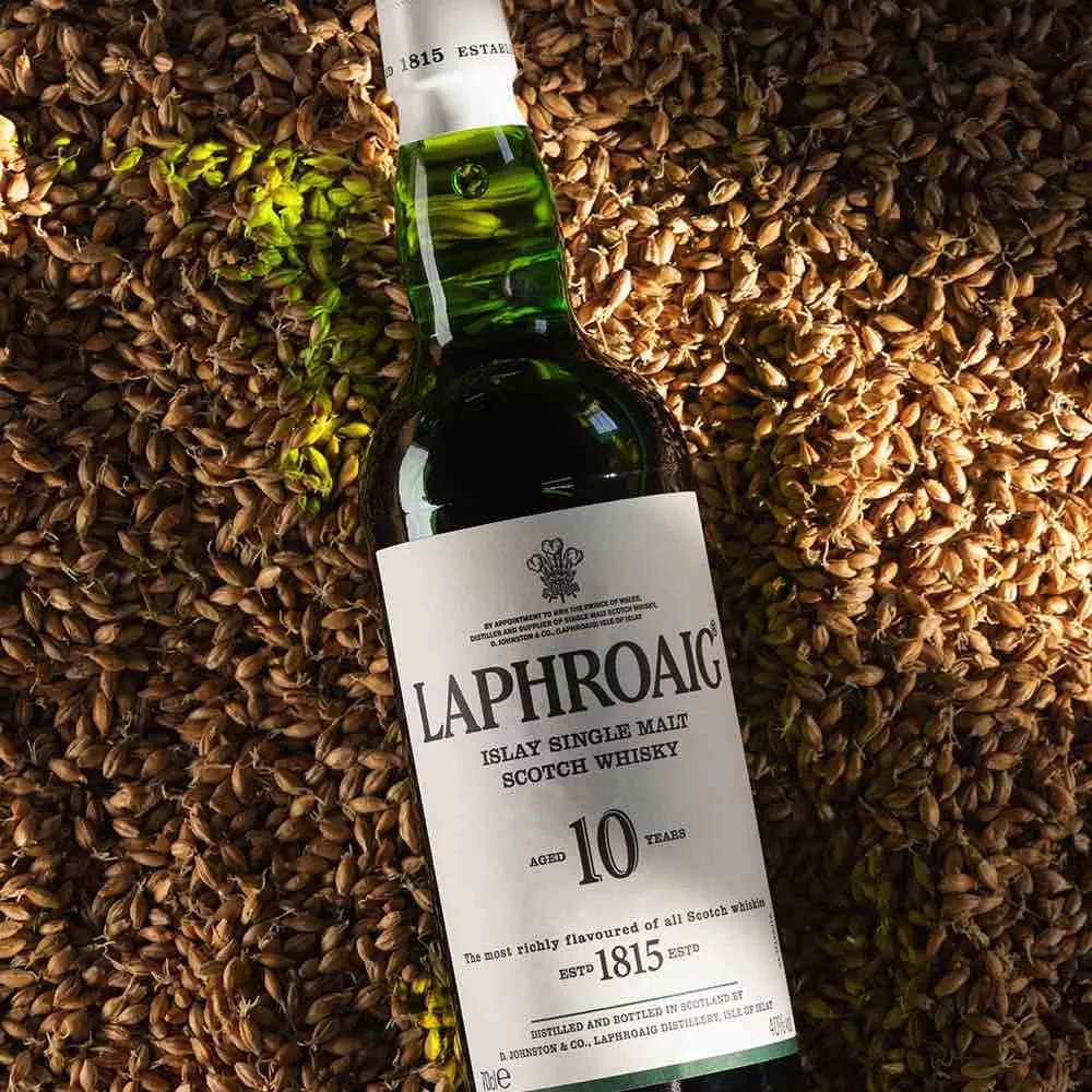 Laphroaig 10 bottle on grain