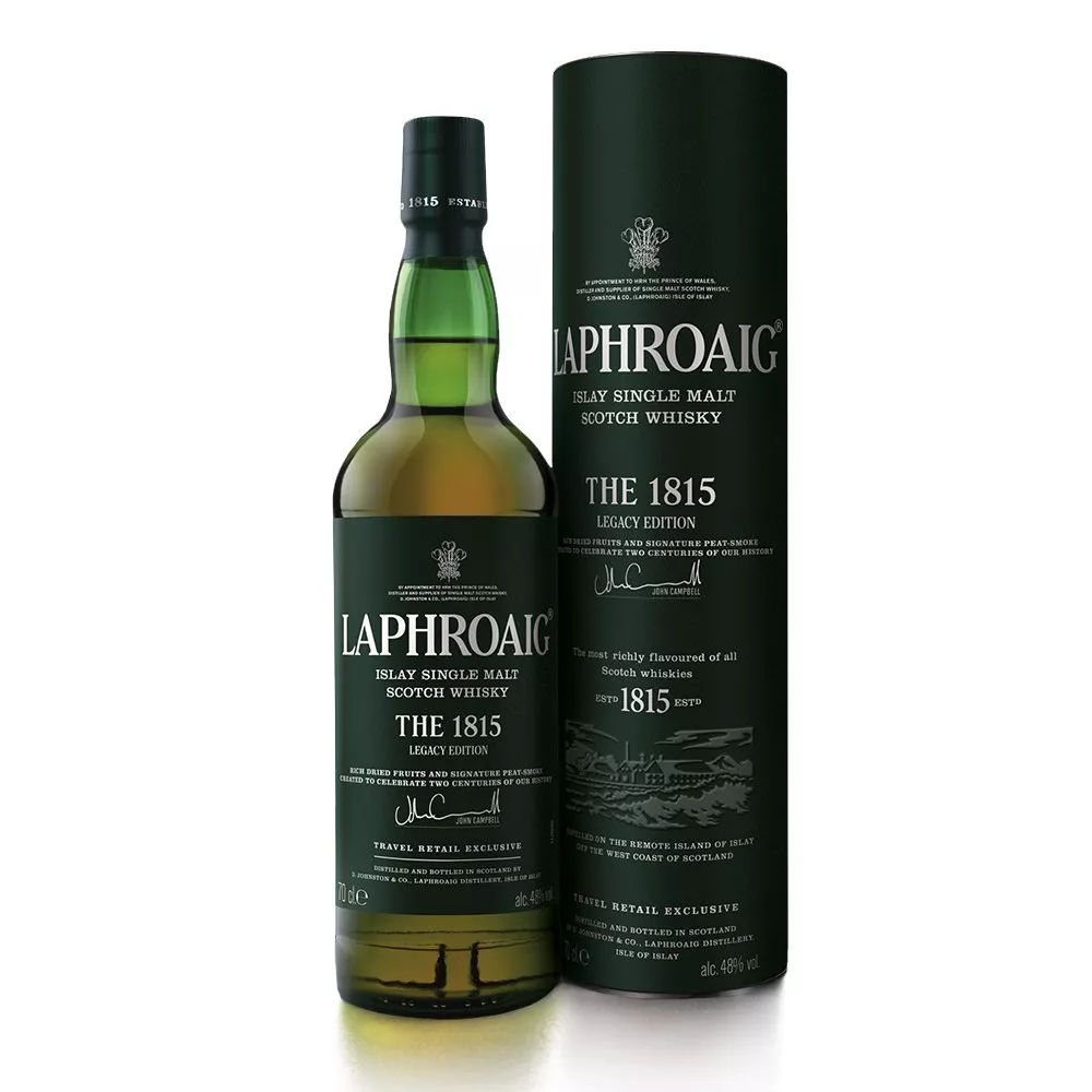Laphroaig 1815 bottle next to its packaging
