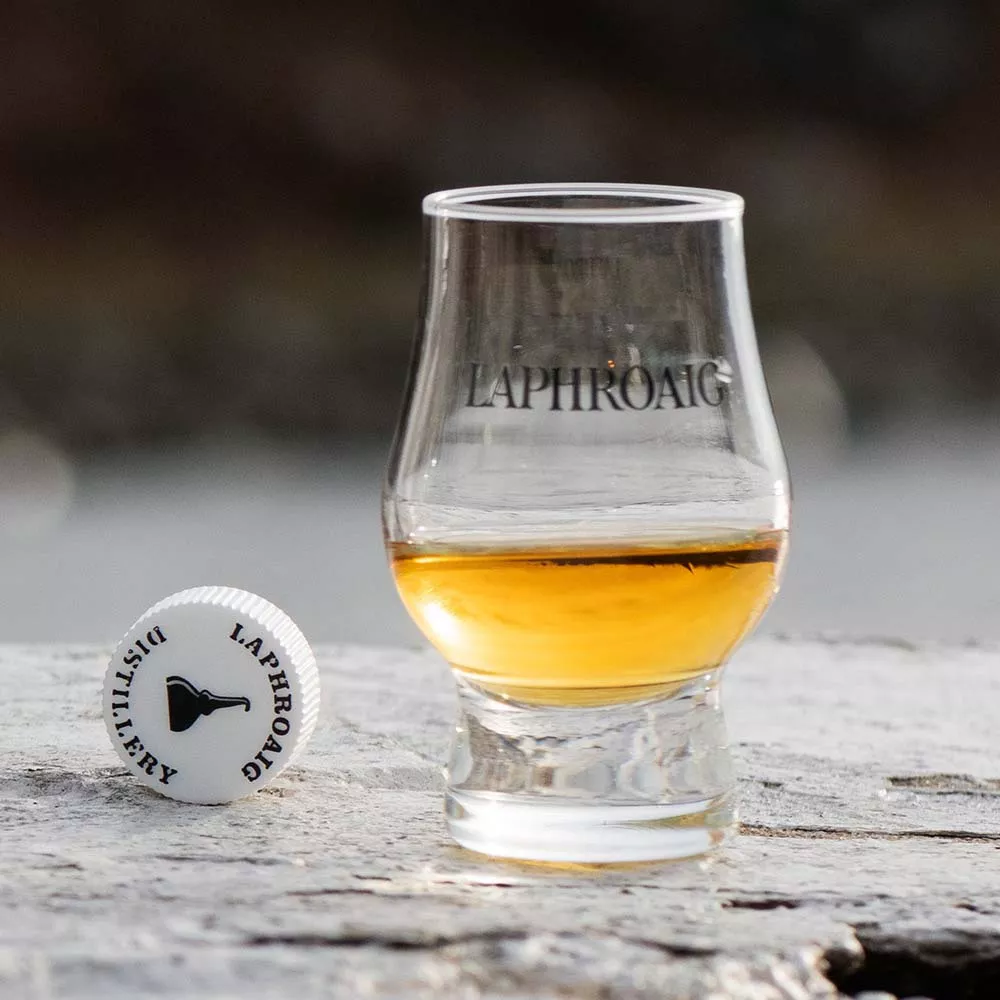 Glass of Laphroaig Islay whisky outdoors