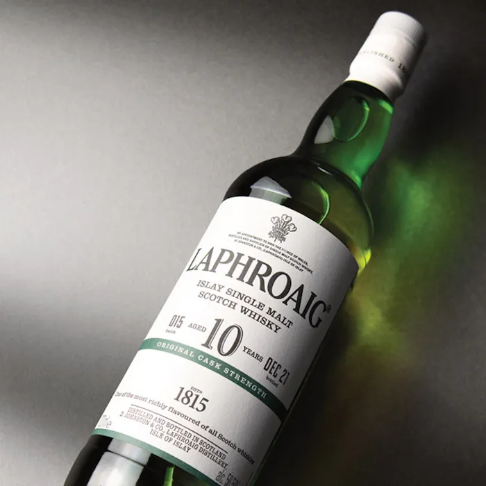Laphroaig 10 Cask Strength on gray background