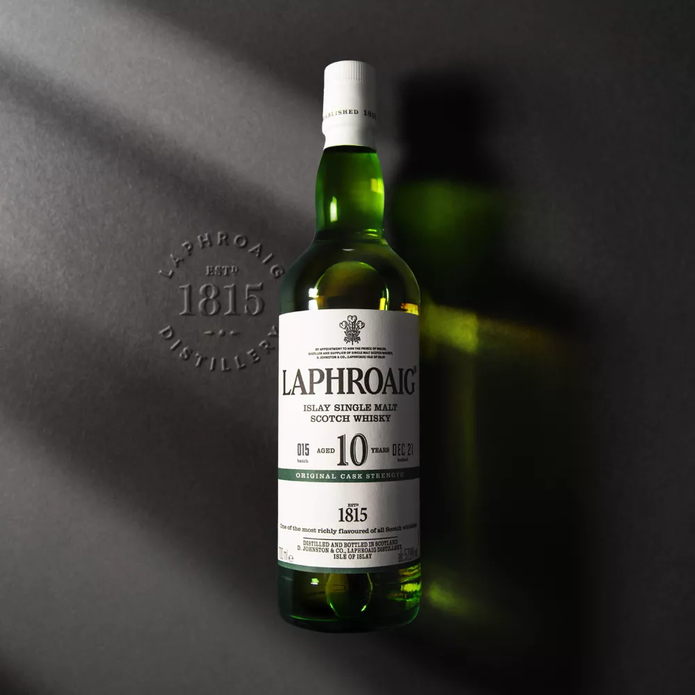 Laphroaig 10 Cask Strength on embossed background