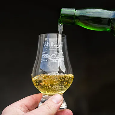 A dram filled with Laphroaig Islay single malt scotch whisky