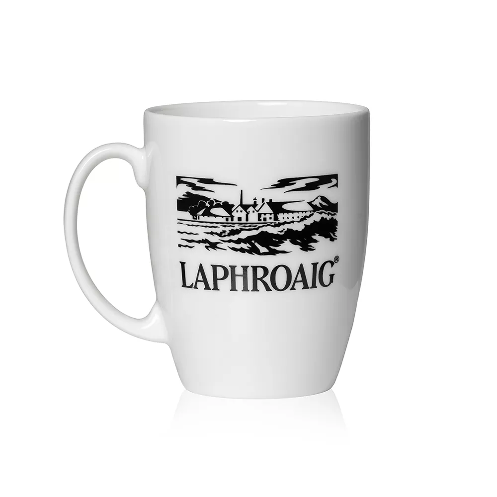 Image of Laphroaig white mug with black imprints
