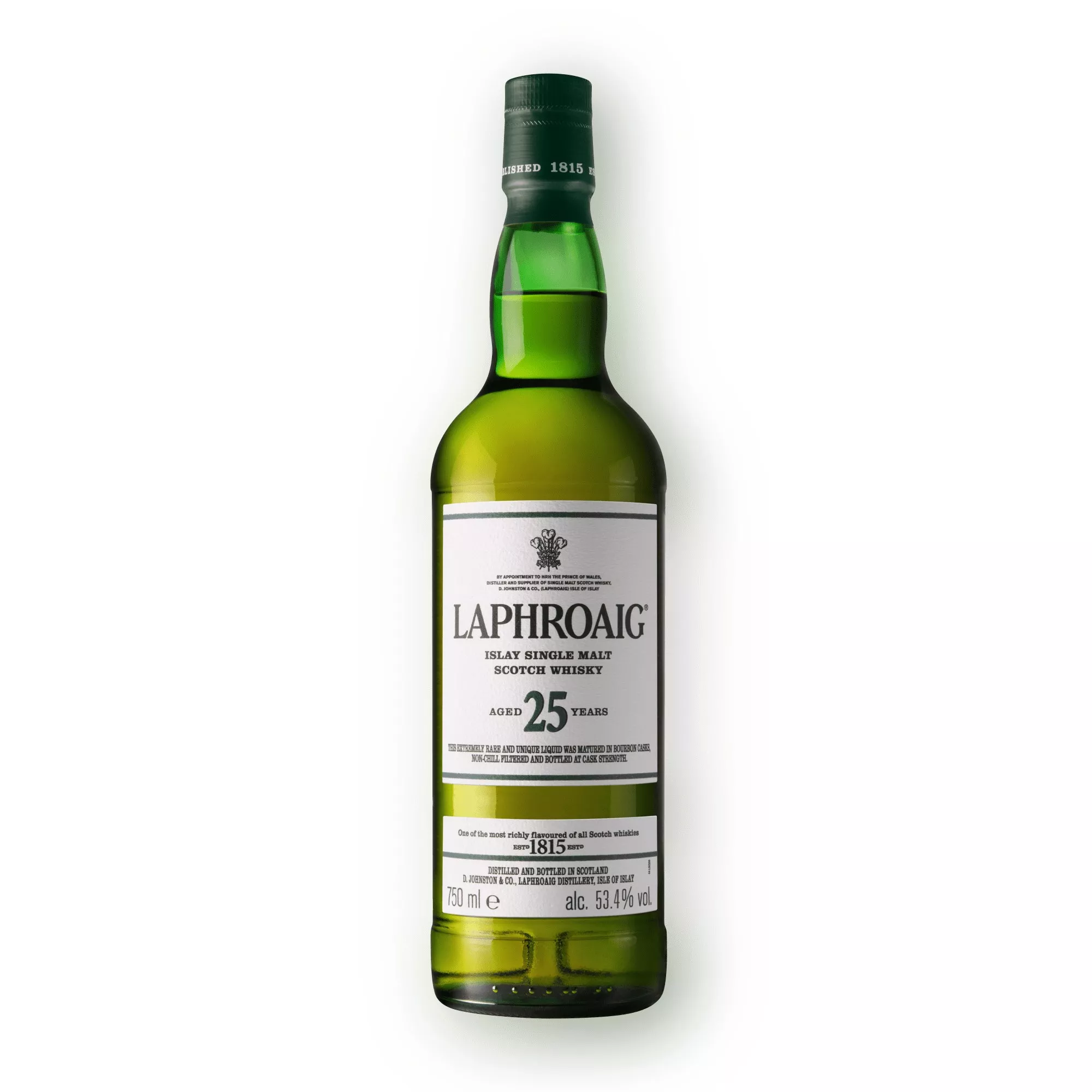 Bottle of Laphroaig 2022 edition 25 year old scotch on transparent background