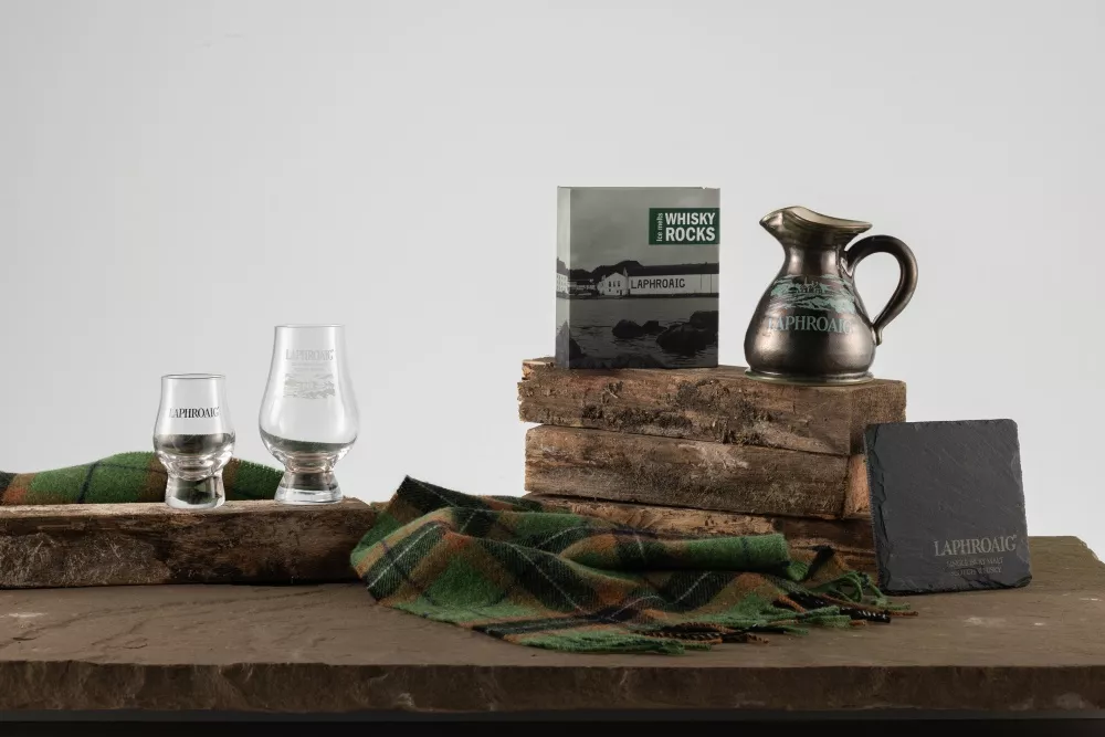 Image of Laphroaig whisky with Barware merchandise consisting of Jug and Glasses.