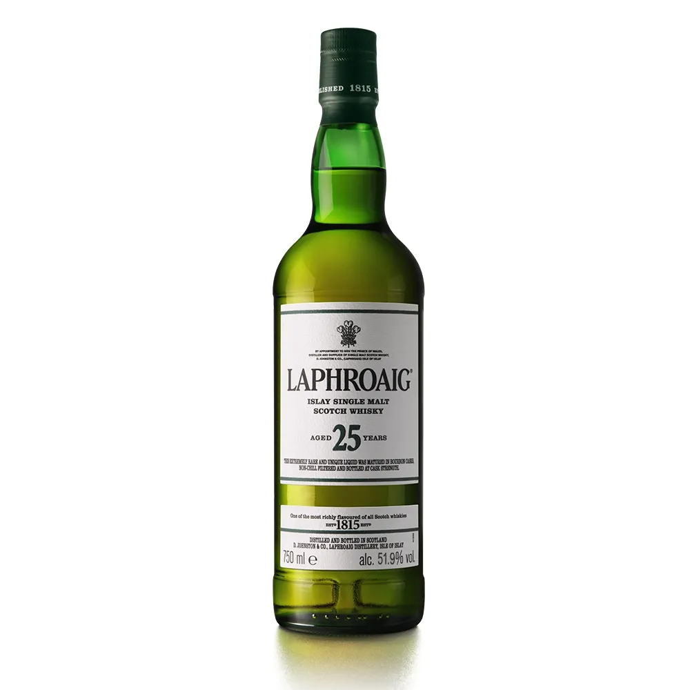 Laphroaig 2021 25 year old cask strength whisky on transparent background