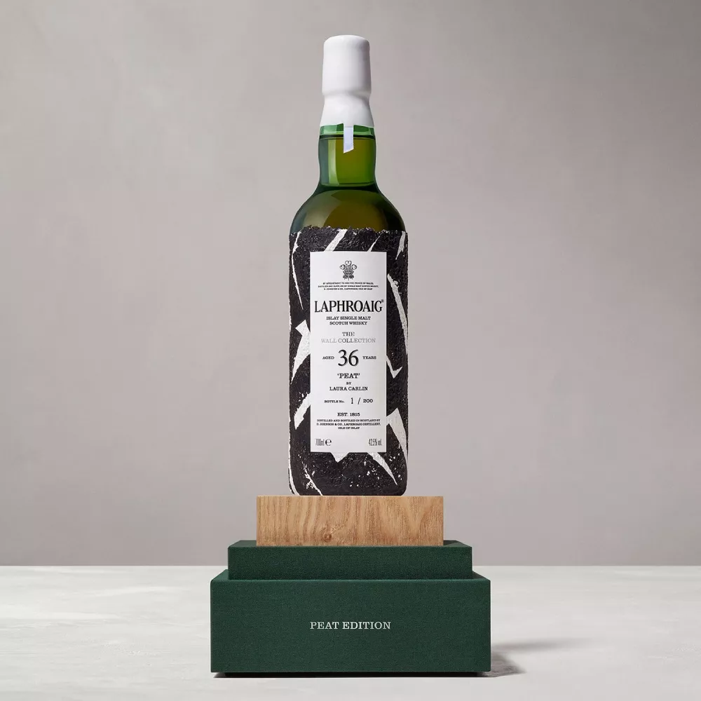 Laphroaig Wall collection Peat bottle on display stand