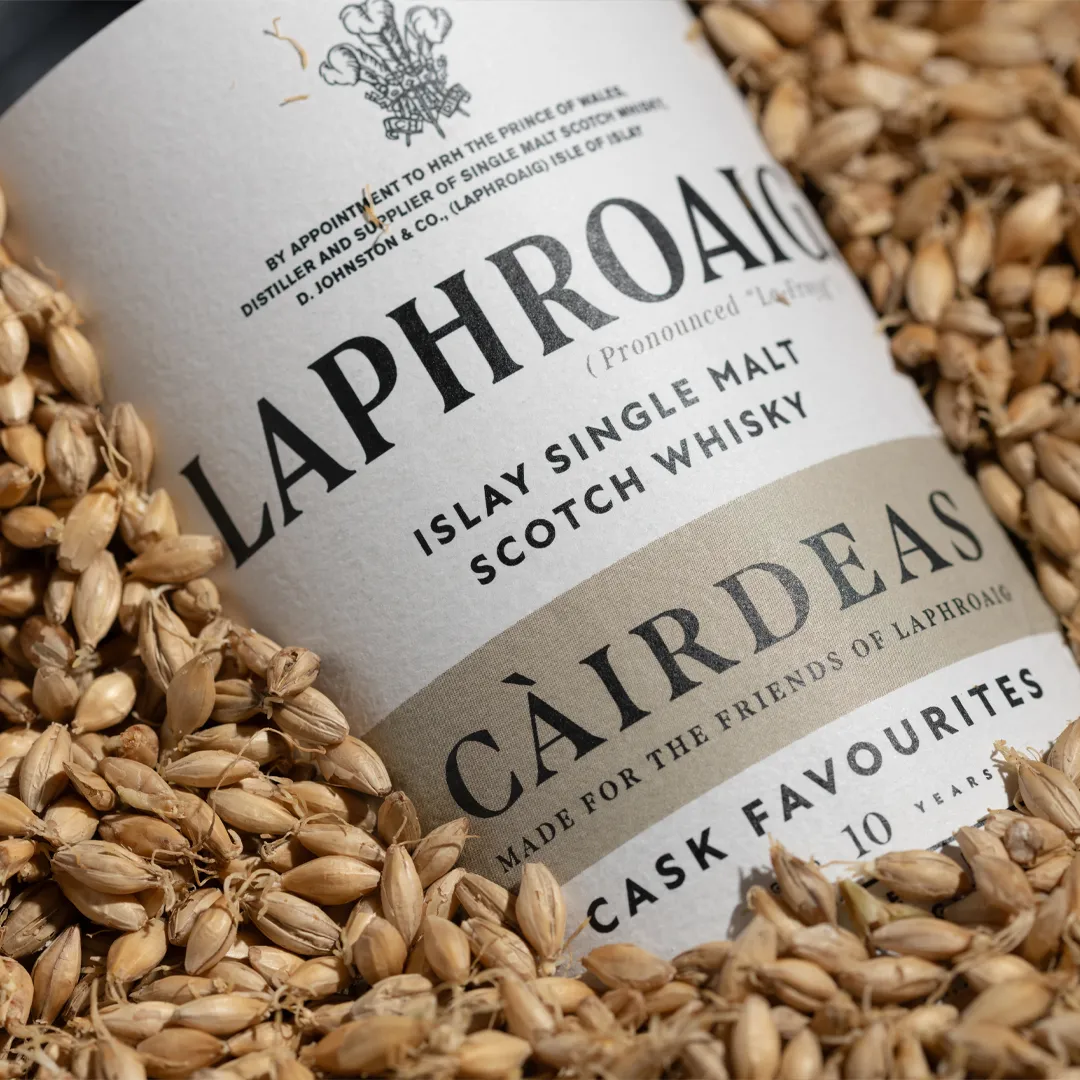 Cairdeas 2024 bottle in the floor malts at Laphroaig distillery