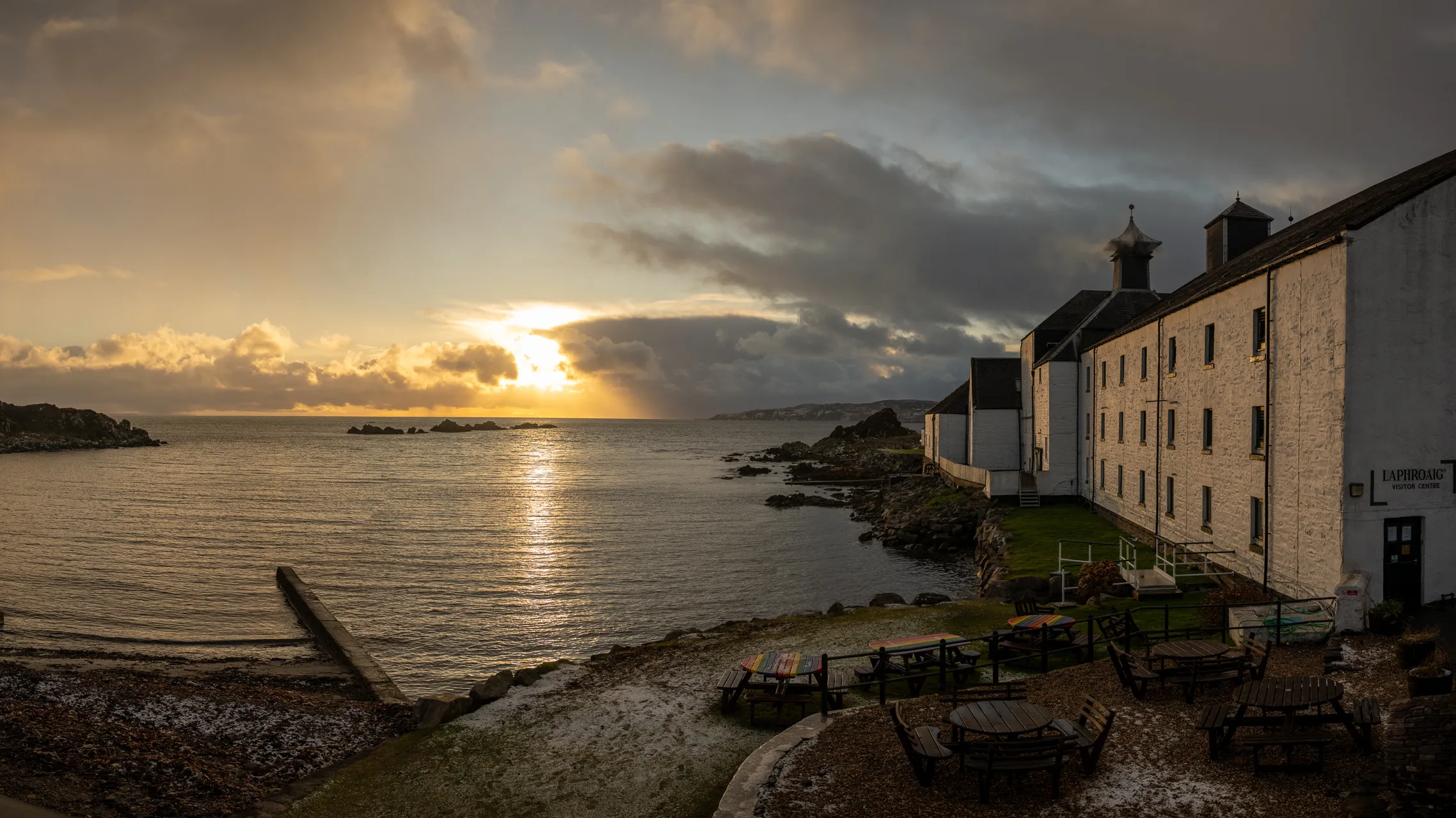 Sunset on Islay at Laphroaig Distillery