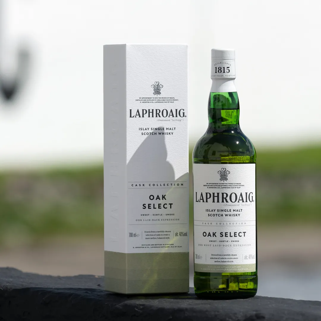 Oak Select Laphroaig Bottle and Box on Distillery Wall