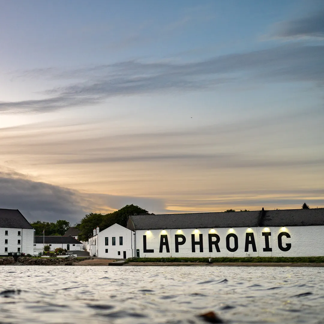 Laphroaig Distillery on Isle of Islay at sunset