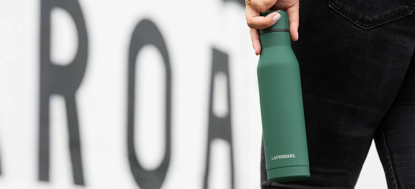 Water bottle in front of the Distillery wall