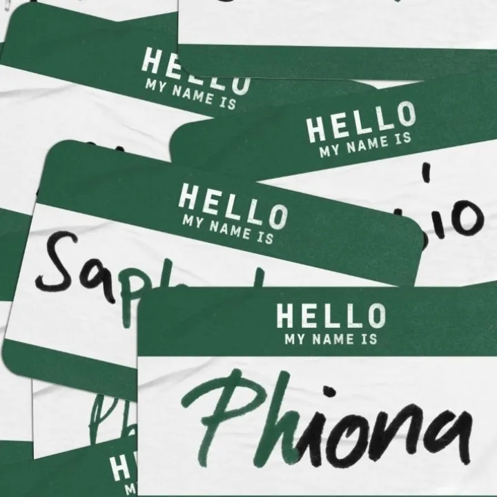 Name badges with the letter F replaced by PH, Phiona