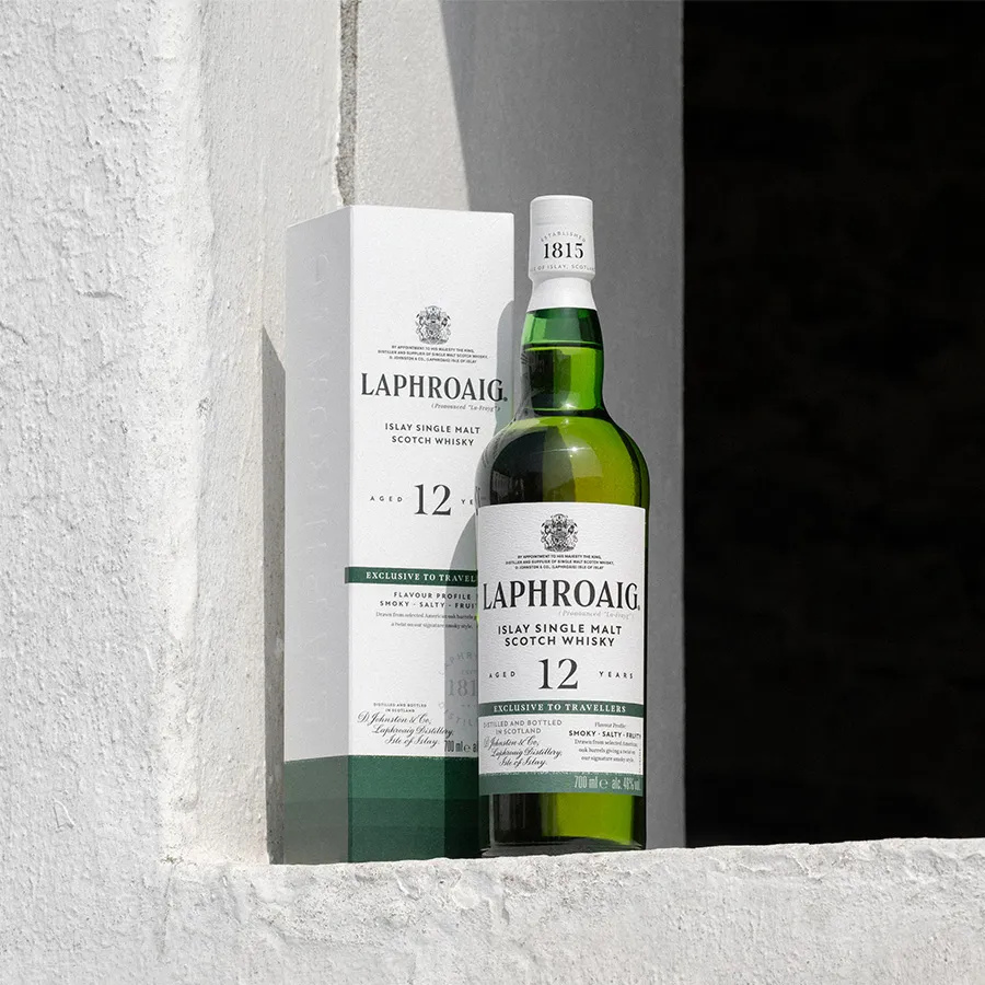 Bottle of GTR 12 Year Old on Laphoraig Distillery wall