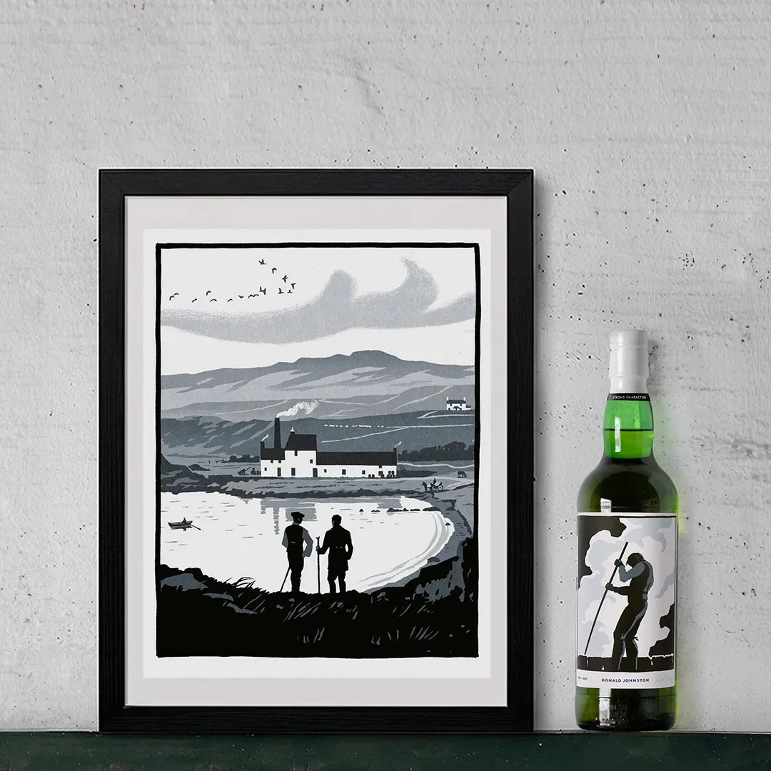 Framed Coastal Illustration Distillery Landscape Bottle Display Laphroaig