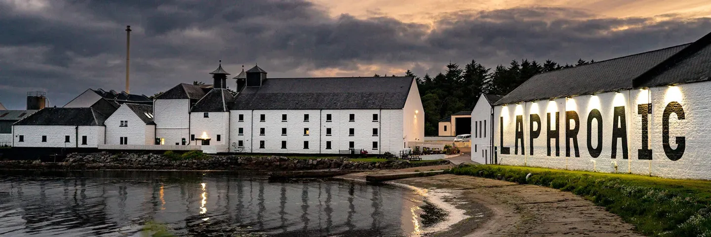 Coastal Distillery Buildings Dusk Illumination Shoreline Reflections Islay Laphroaig
