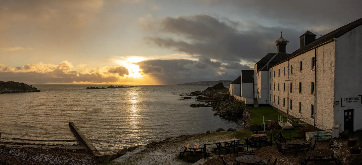 Coastal Distillery Buildings Sunset Ocean Shoreline Laphroaig