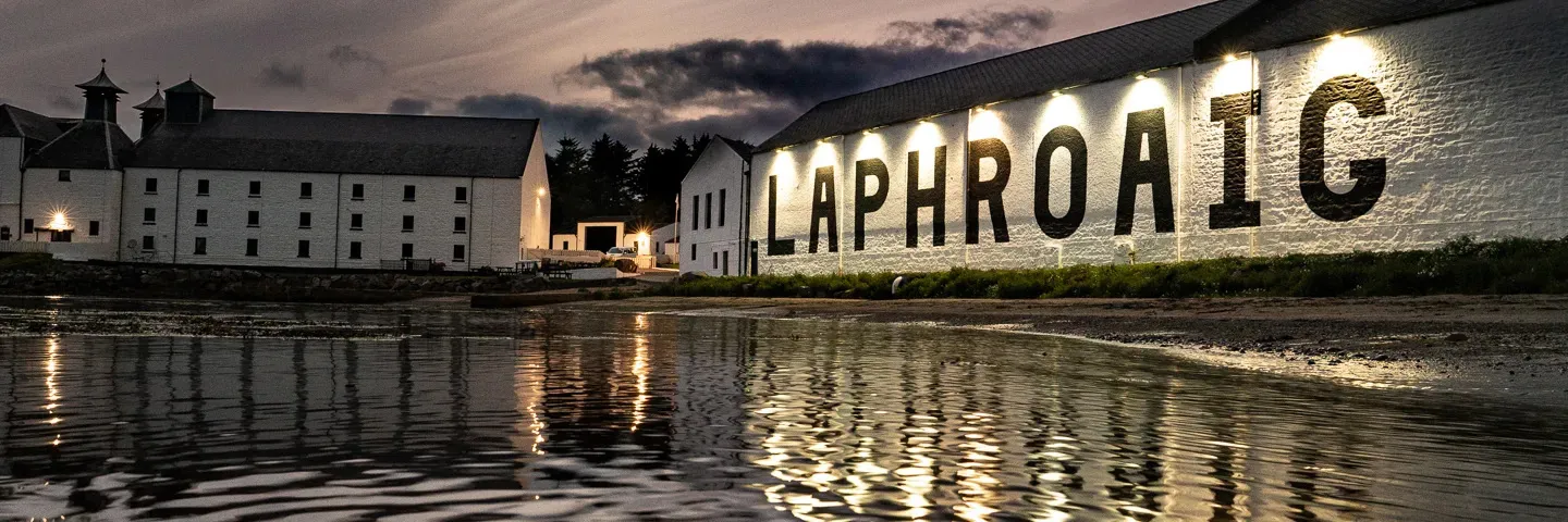 Distillery Buildings Night Illumination Shoreline Reflections Coastal Setting Laphroaig