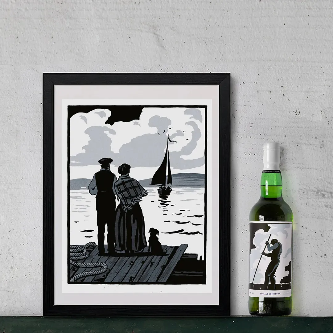Framed Coastal Illustration Art Bottle Display Minimal Interior Laphroaig