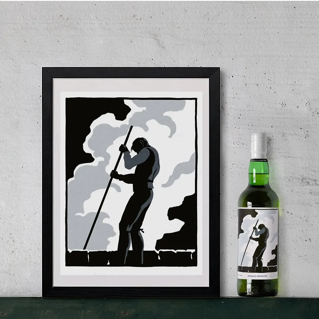 Framed Graphic Illustration Peat Worker Silhouette Bottle Display Laphroaig