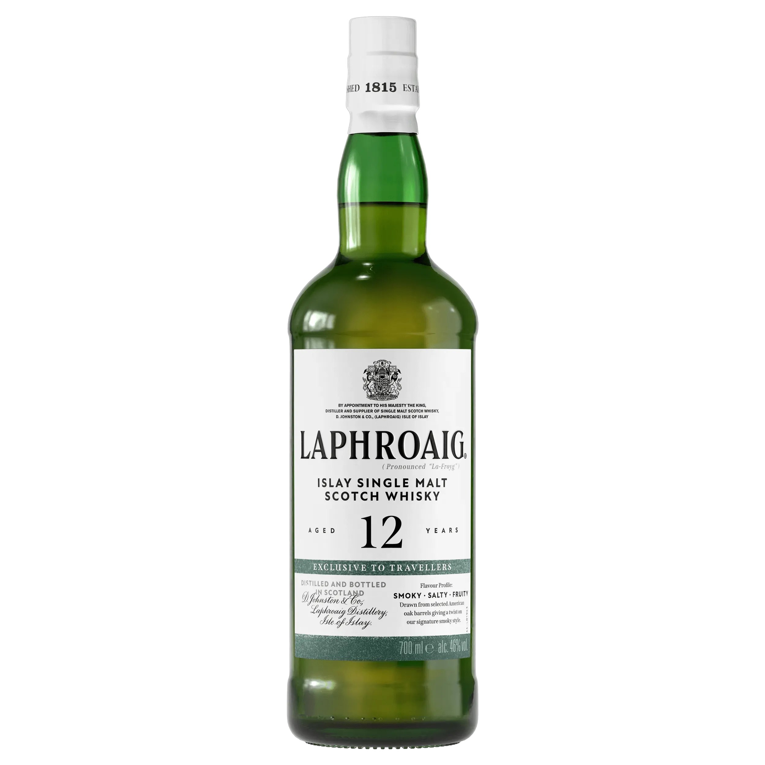 Islay Single Malt Whisky Bottle Black Background Twelve Years Label Laphroaig