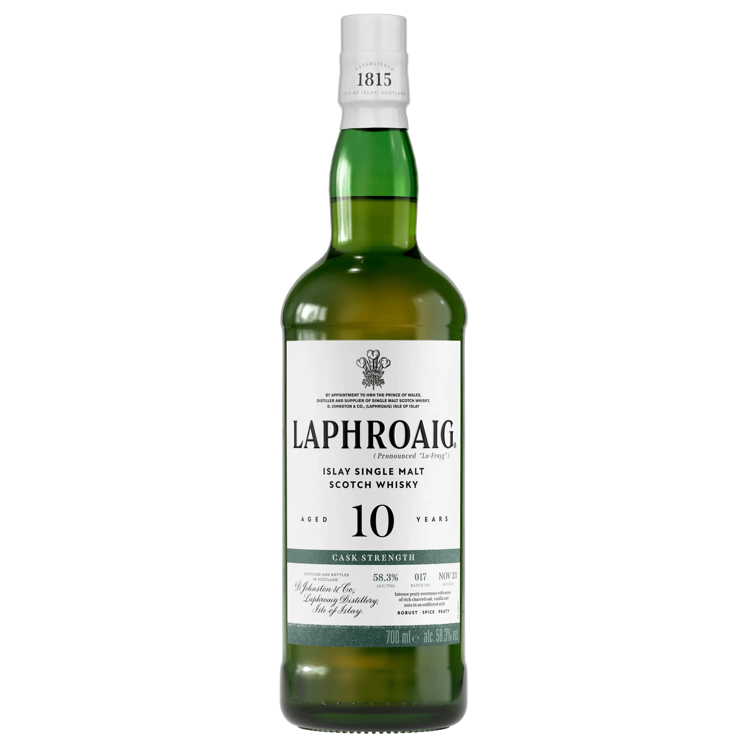 Islay Single Malt Whisky Bottle Black Background Cask Strength Label Laphroaig