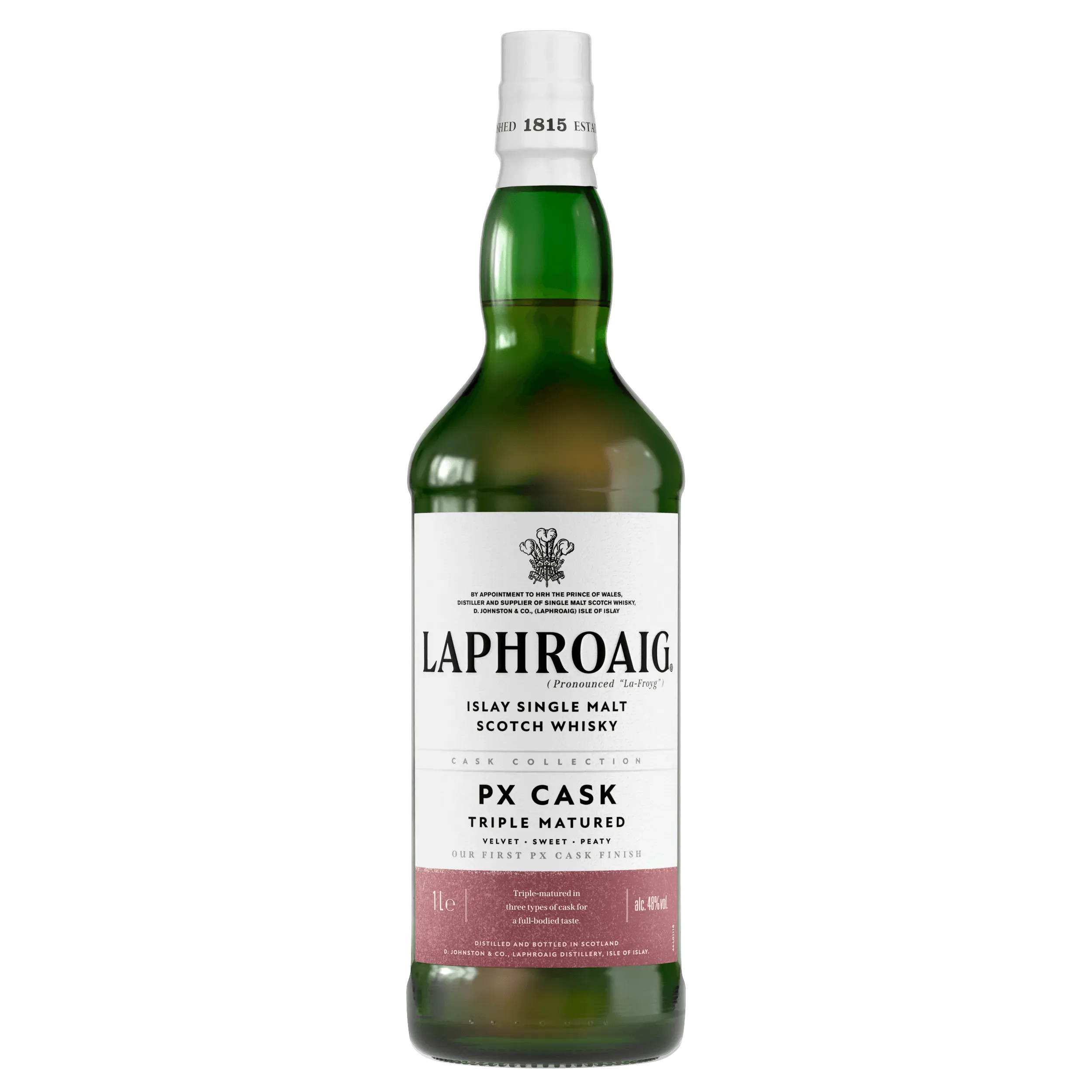 Islay Single Malt Whisky Bottle Black Background PX Cask Label Laphroaig