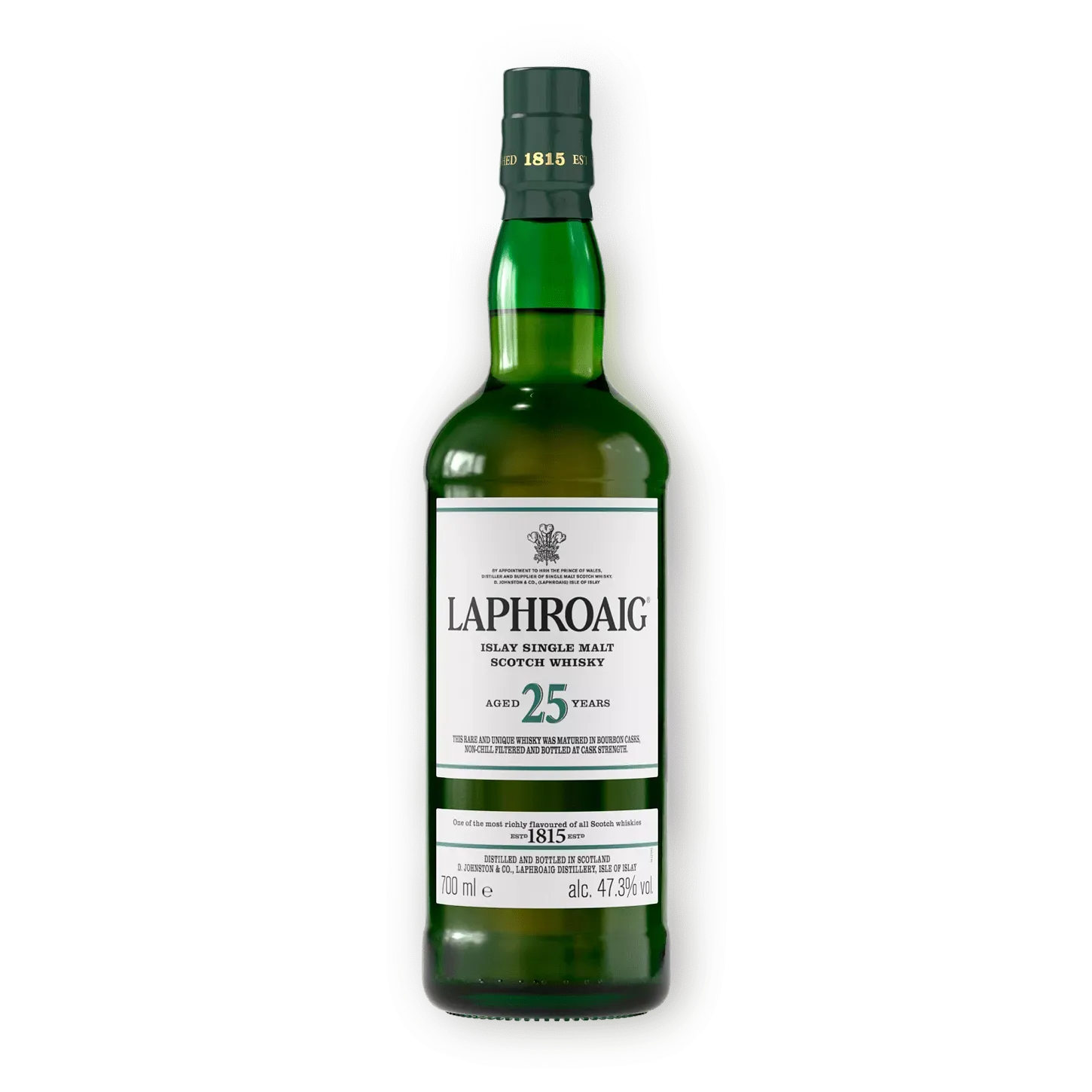 Single Malt Whisky Bottle 25 Years Studio Cutout Transparent Background Laphroaig