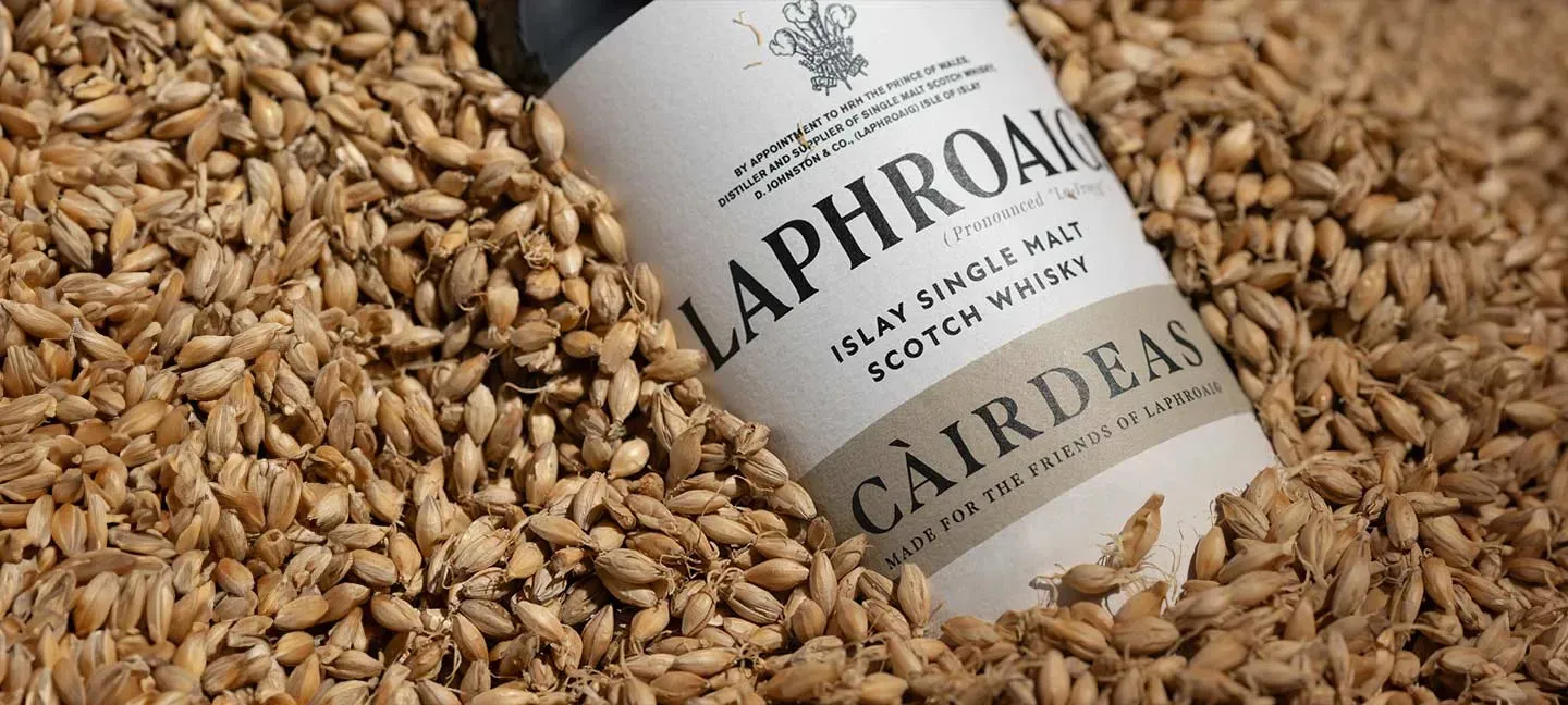 Single Malt Whisky Bottle Embedded Barley Grain Texture Close Up Laphroaig