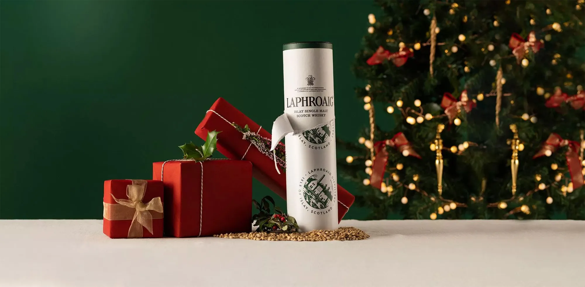 Single Malt Whisky Gift Tube Festive Display Wrapped Presents Holiday Tree Laphroaig