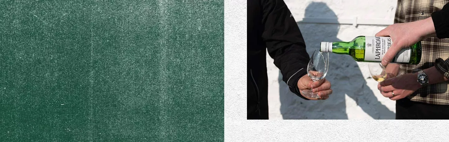 Whisky Pouring Into Glass Outdoor Distillery Wall Hands Action Laphroaig