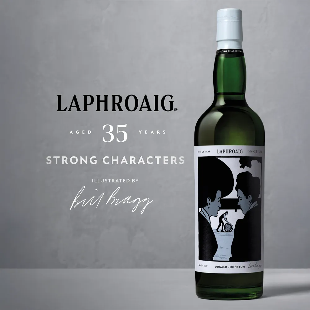Laphroaig Strong Characters Chapter 2 35-Year-Old whisky bottle featuring Bill Bragg’s illustrated Dugald Johnston label, alongside the Laphroaig name and release details.