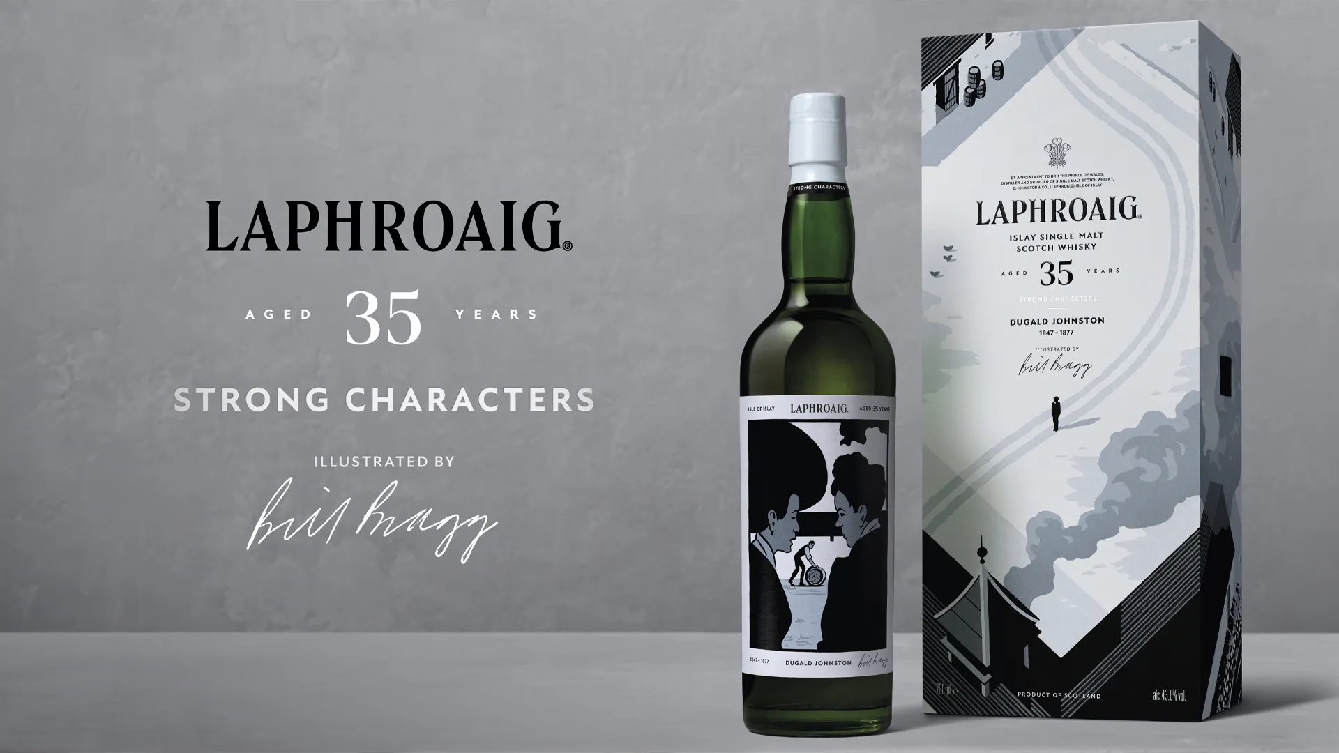 Laphroaig Strong Characters Chapter 2 35-Year-Old whisky bottle and illustrated presentation box, honouring Dugald Johnston with artwork by Bill Bragg.