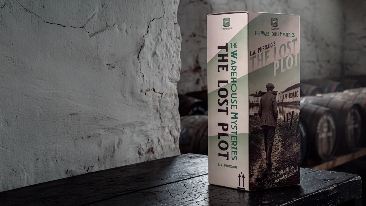 A vintage book-shaped box titled “The Lost Plot” from The Warehouse Mysteries, featuring a monochrome image of a man walking towards the Laphroaig distillery. The box stands on a weathered wooden table in a dimly lit whisky warehouse, with a cracked plaster wall and rows of oak casks in the background.